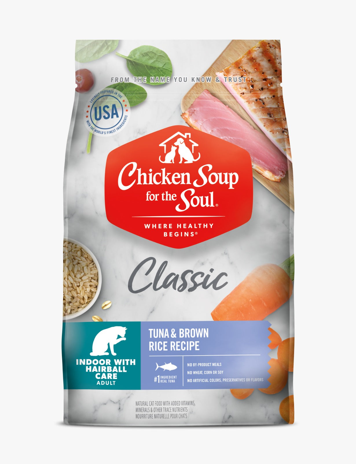 CHICKEN SOUP FOR THE SOUL CLASSIC INDOOR WITH HAIRBALL CARE ADULT CAT DRY FOOD - TUNA & BROWN 2KG