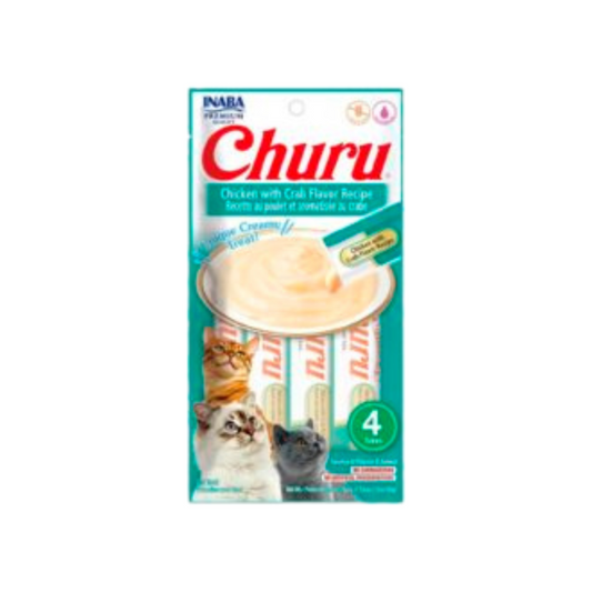 INABA CAT SNACK CHURU 4 PIEZAS - CHICKEN WITH CRAB- POLLO Y CANGREJO 56 GR