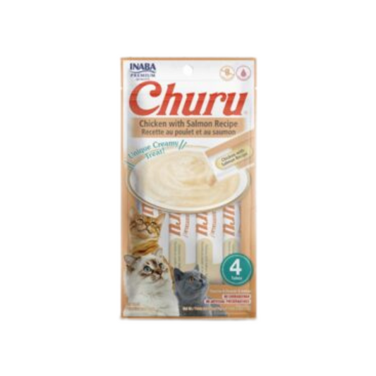 INABA CAT SNACK CHURU 4 PIEZAS - CHICKEN  WITH SALMÓN  - POLLO Y SALMÓN 56 GR
