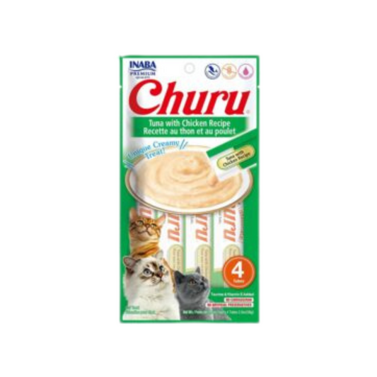 INABA CAT SNACK CHURU 4 PIEZAS - TUNA WITH CHIKEN - ATÚN POLLO 56 GR