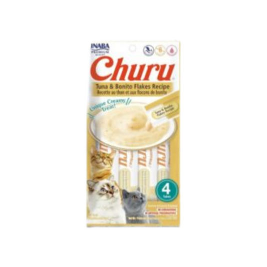 INABA CAT SNACK CHURU 4 PIEZAS - TUNA WITH BONITO FLAKES  - HOJUELAS ATÚN - 56 GR