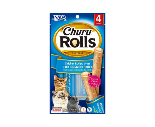 INABA CAT SNACK CHURU ROLLS PARA GATO POLLO CON ATÚN Y VIEIRA